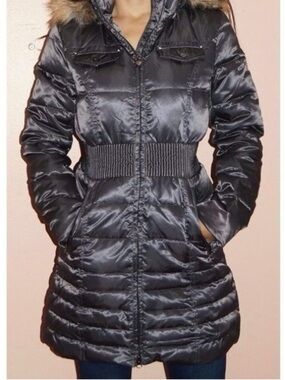 Laundry By Shelli Segal Shiny Black Quilted Puffer with Faux Fur Trim